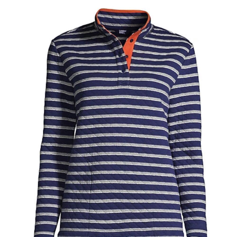 Lands’ End Quilted 1/4 Button Sweatshirt Stripes Pockets Small